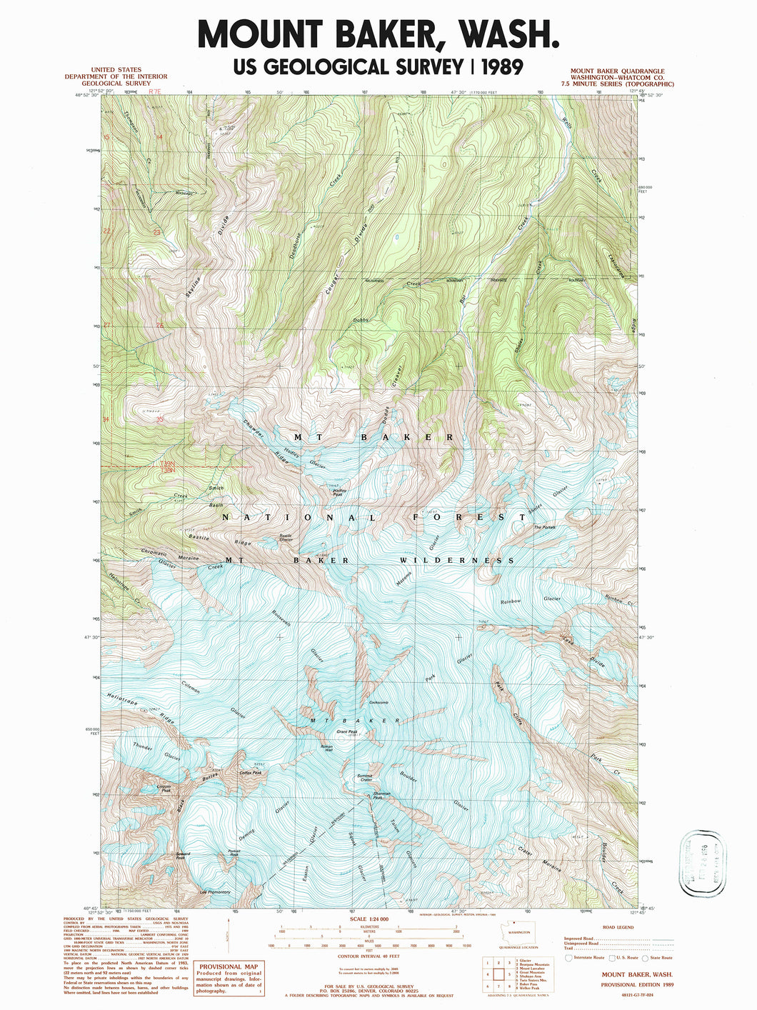 Mount Baker Washington Poster | Vintage 1989 USGS Map