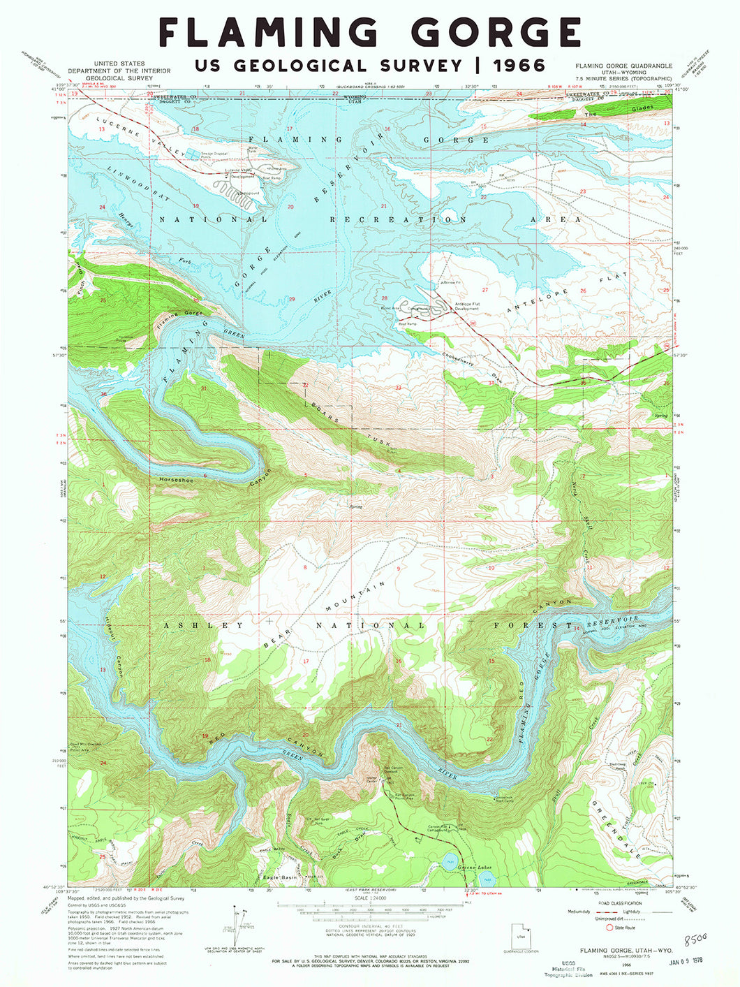 Flaming Gorge Utah USGS Vintage Map 1966 Poster