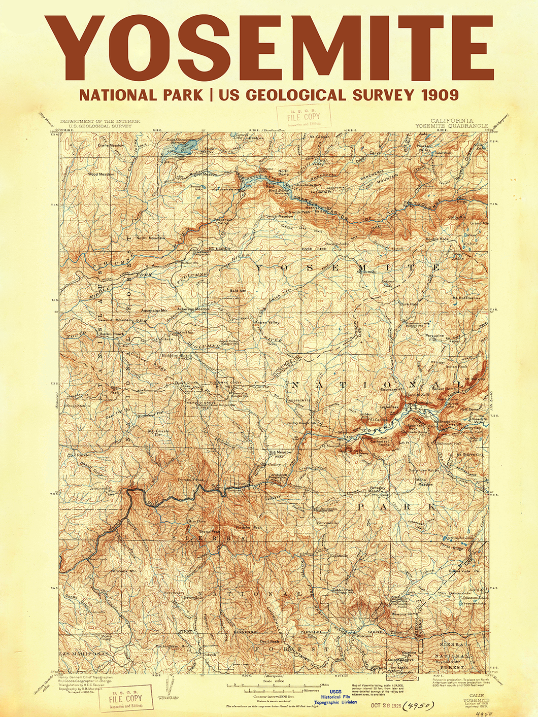Yosemite National Park Poster | Vintage 1909 USGS Map